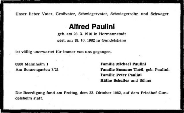 Paulini Alfred 1910-1982 Todesanzeige